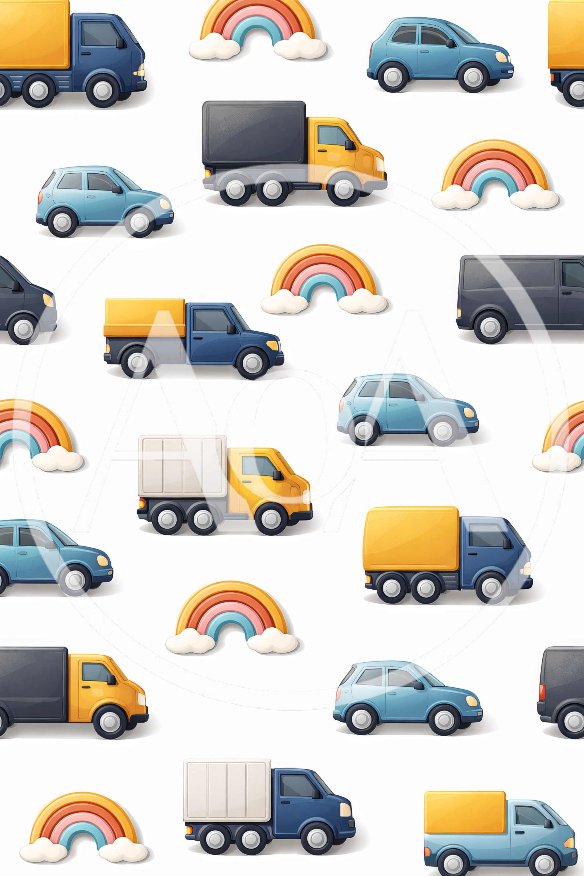 Seamless Pattern With Cartoon Trucks Cars And Rainbows
