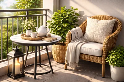 Cozy Balcony Setup With Wicker Chair And Tea