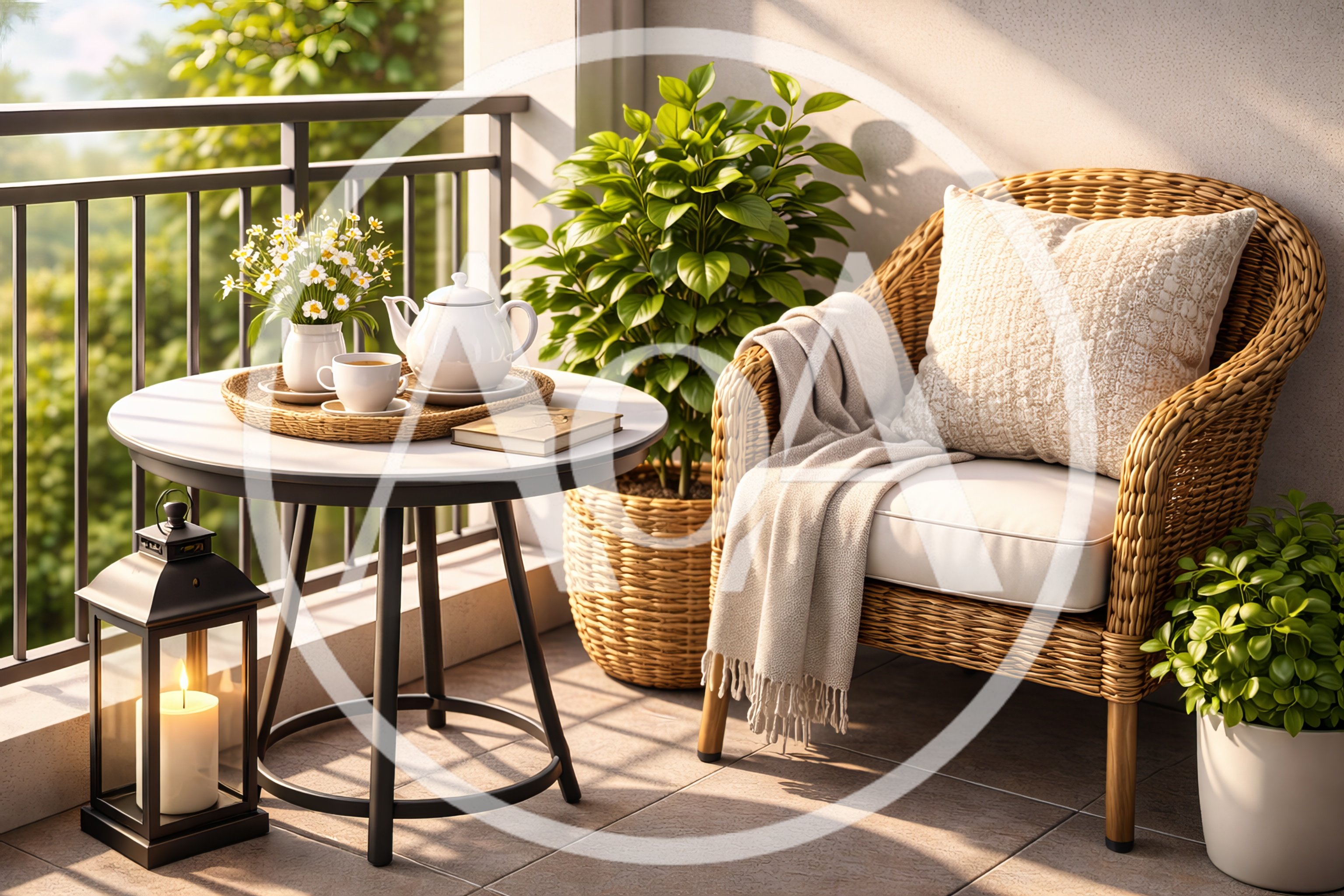 Cozy Balcony Setup With Wicker Chair And Tea