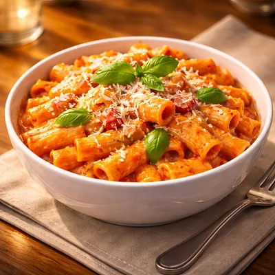 Bowl Of Rigatoni Pasta With Tomato Sauce And Basil