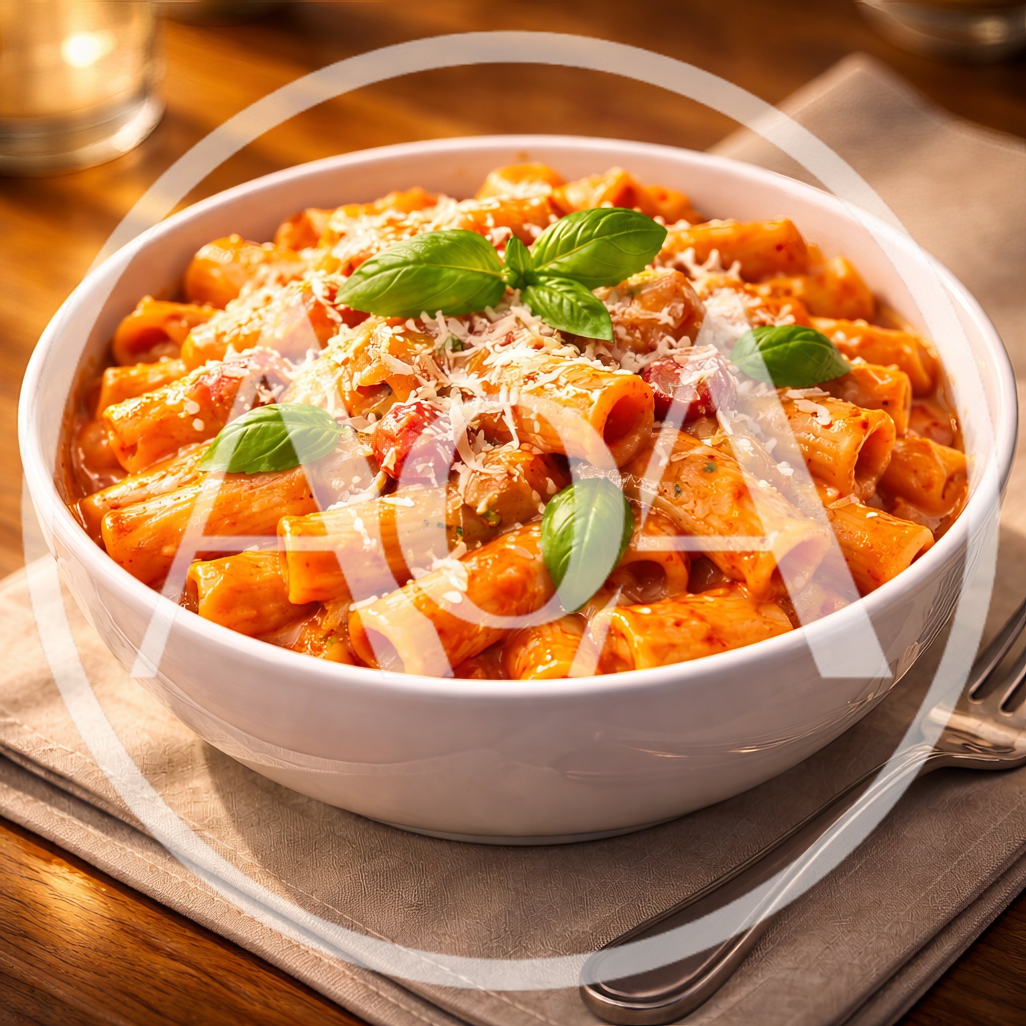 Bowl Of Rigatoni Pasta With Tomato Sauce And Basil