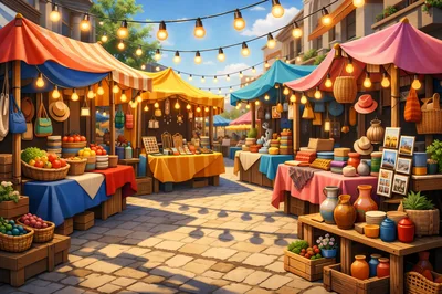 Vibrant Outdoor Market Stalls With Colorful Goods