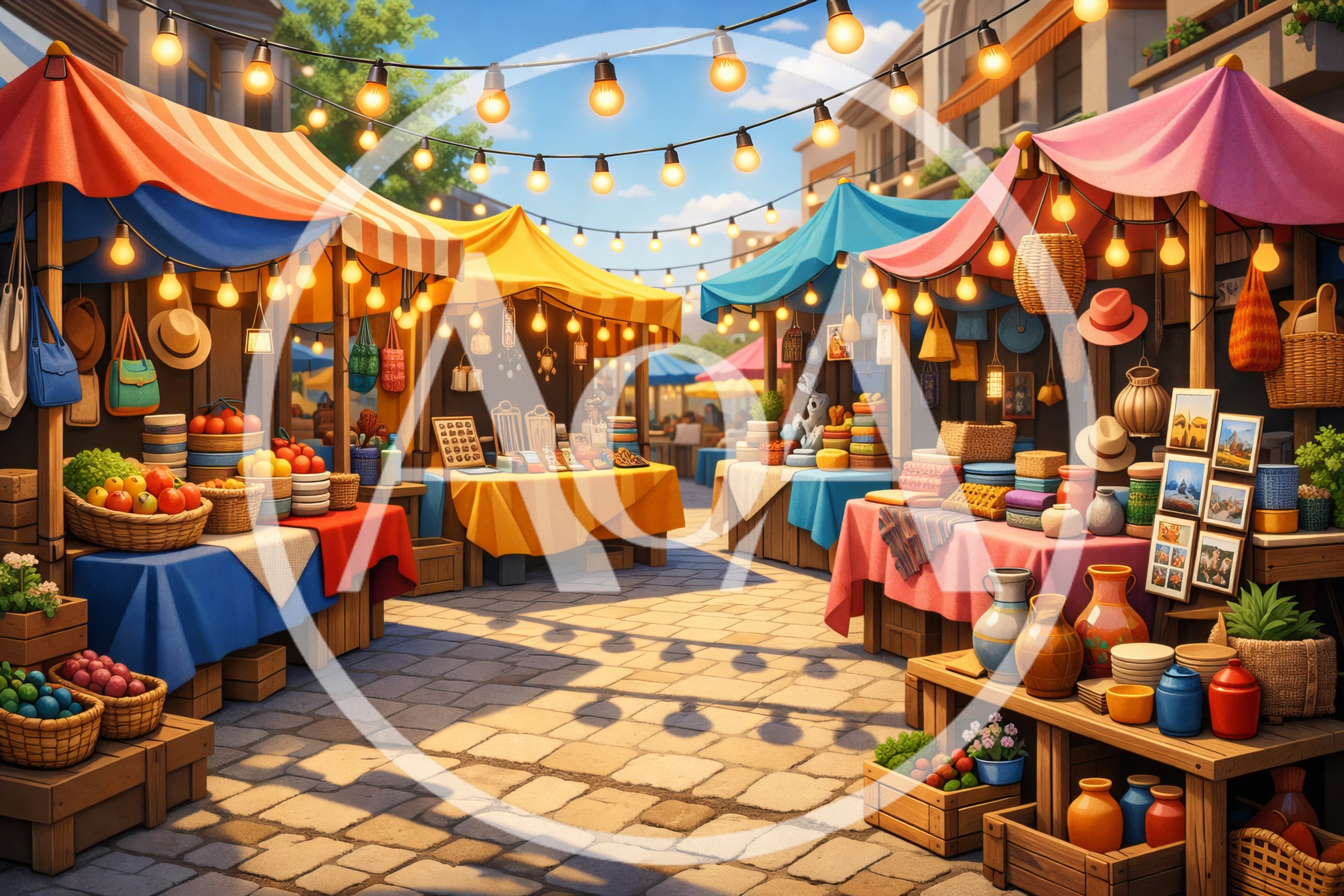 Vibrant Outdoor Market Stalls With Colorful Goods