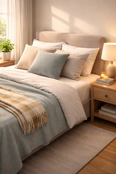 Cozy Modern Bedroom Interior With Warm Sunlight
