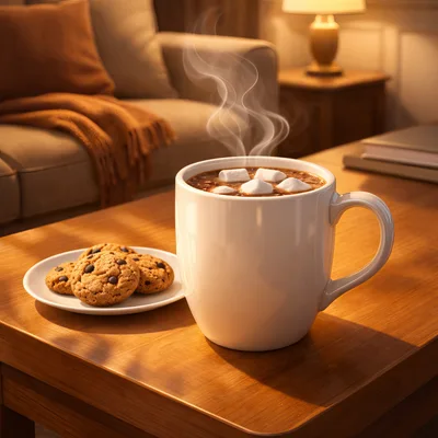 Hot Chocolate With Marshmallows And Cookies On A Table