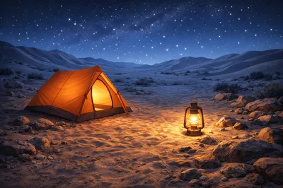 Camping Tent and Lantern Under Starry Desert Sky