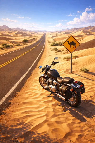 Black Cruiser Motorcycle Parked Beside Desert Road