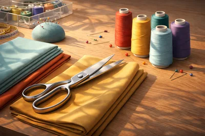Sewing Supplies and Fabric on a Wooden Table