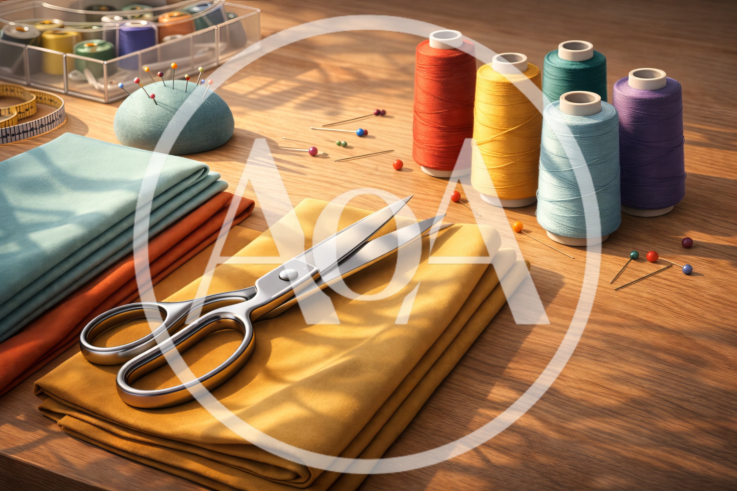 Sewing Supplies and Fabric on a Wooden Table