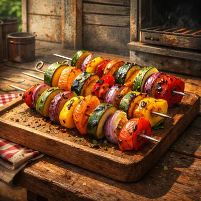 Grilled Vegetable Skewers On A Wooden Cutting Board