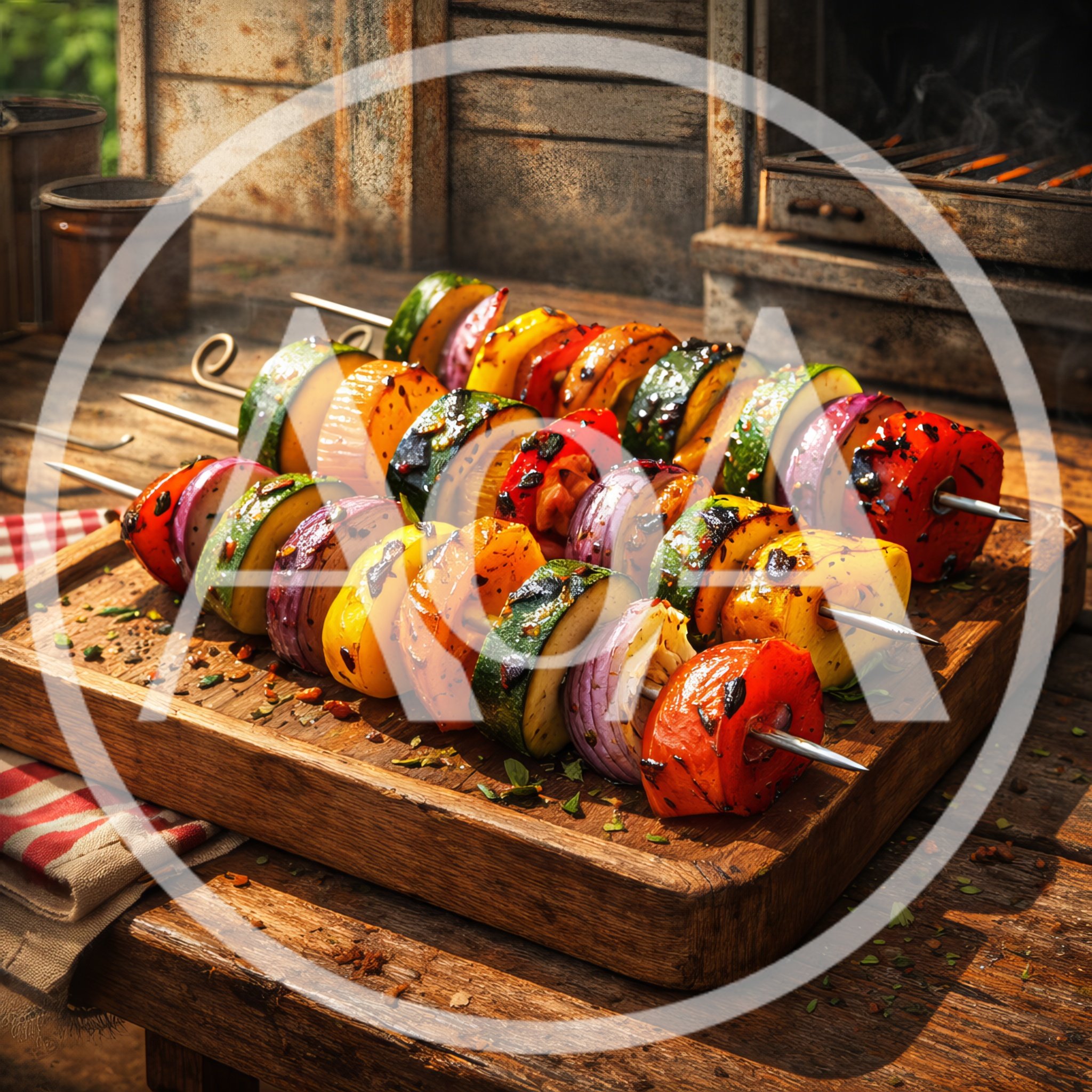 Grilled Vegetable Skewers On A Wooden Cutting Board