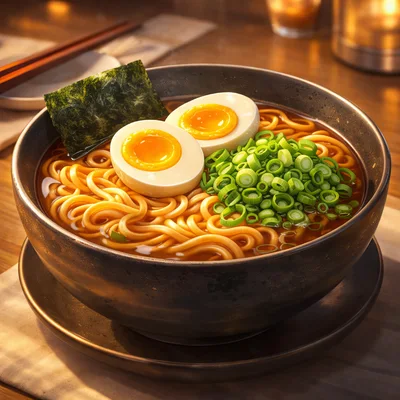 Bowl of Japanese Ramen with Soft Boiled Eggs