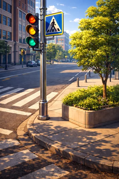 Urban Street Corner With Traffic Light And Pedestrian Crossing