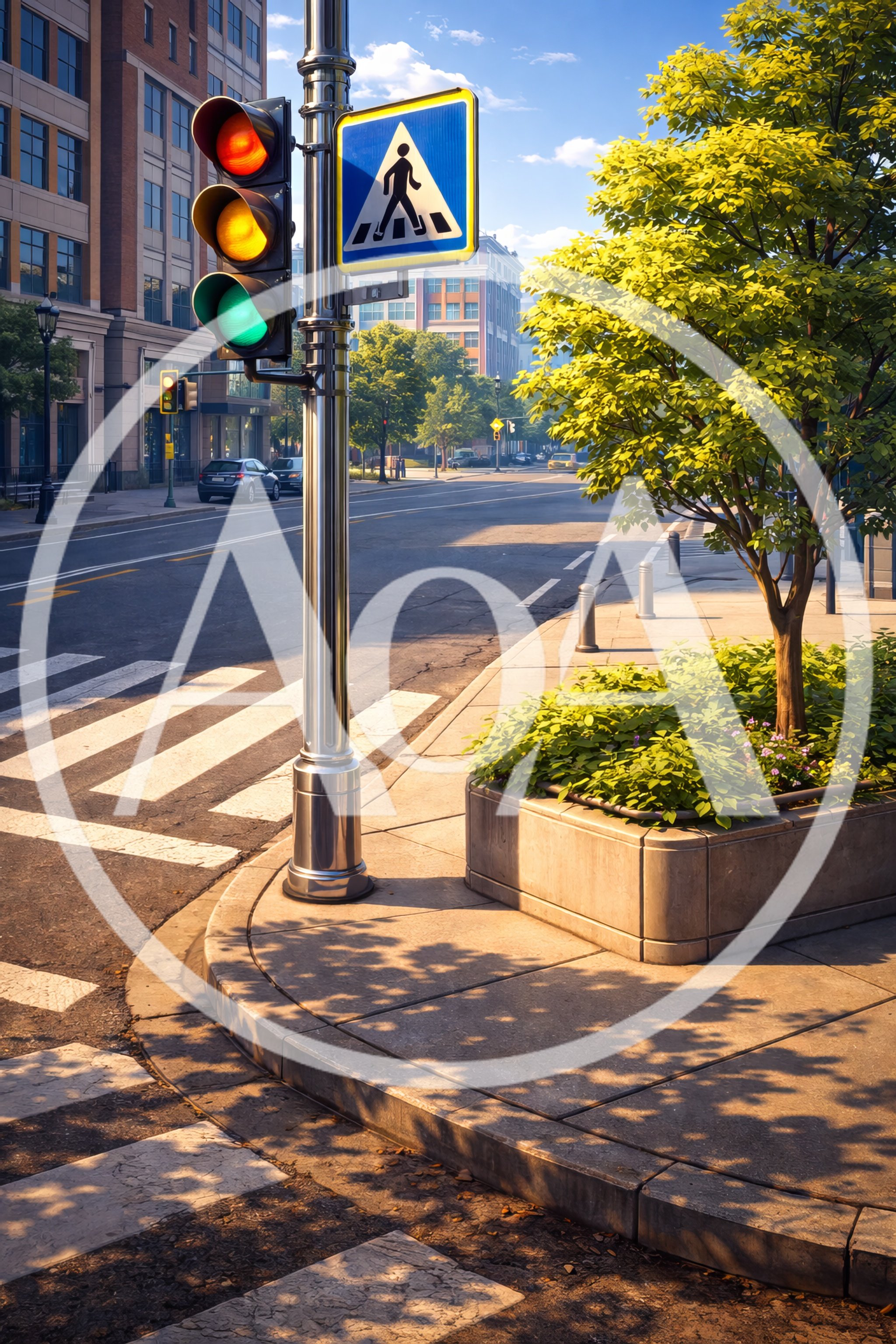 Urban Street Corner With Traffic Light And Pedestrian Crossing