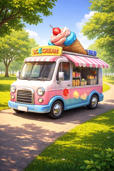 Pastel Ice Cream Truck Parked in Sunny Green Park