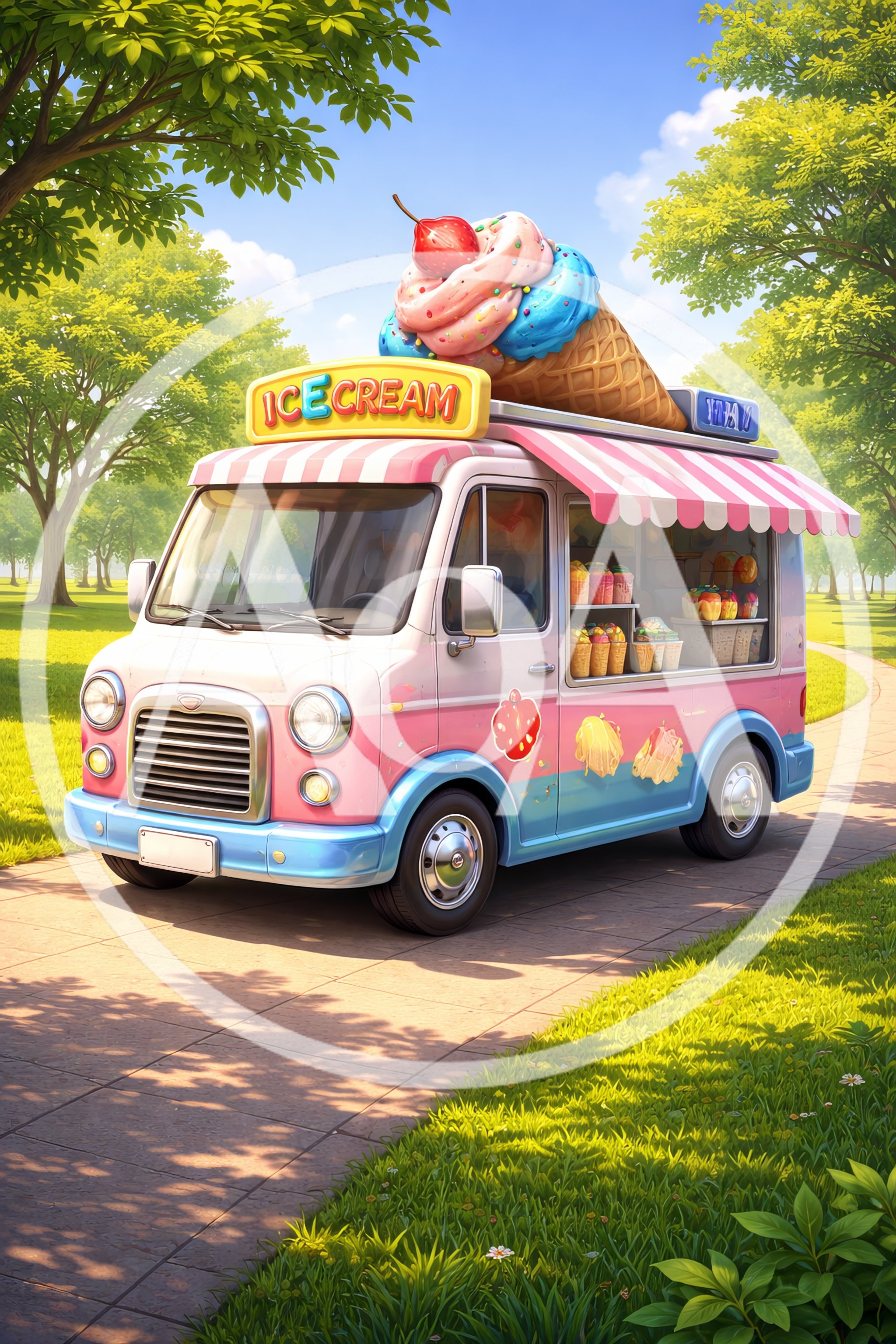 Pastel Ice Cream Truck Parked in Sunny Green Park