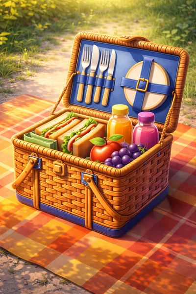 Picnic Basket Filled With Food On A Plaid Blanket