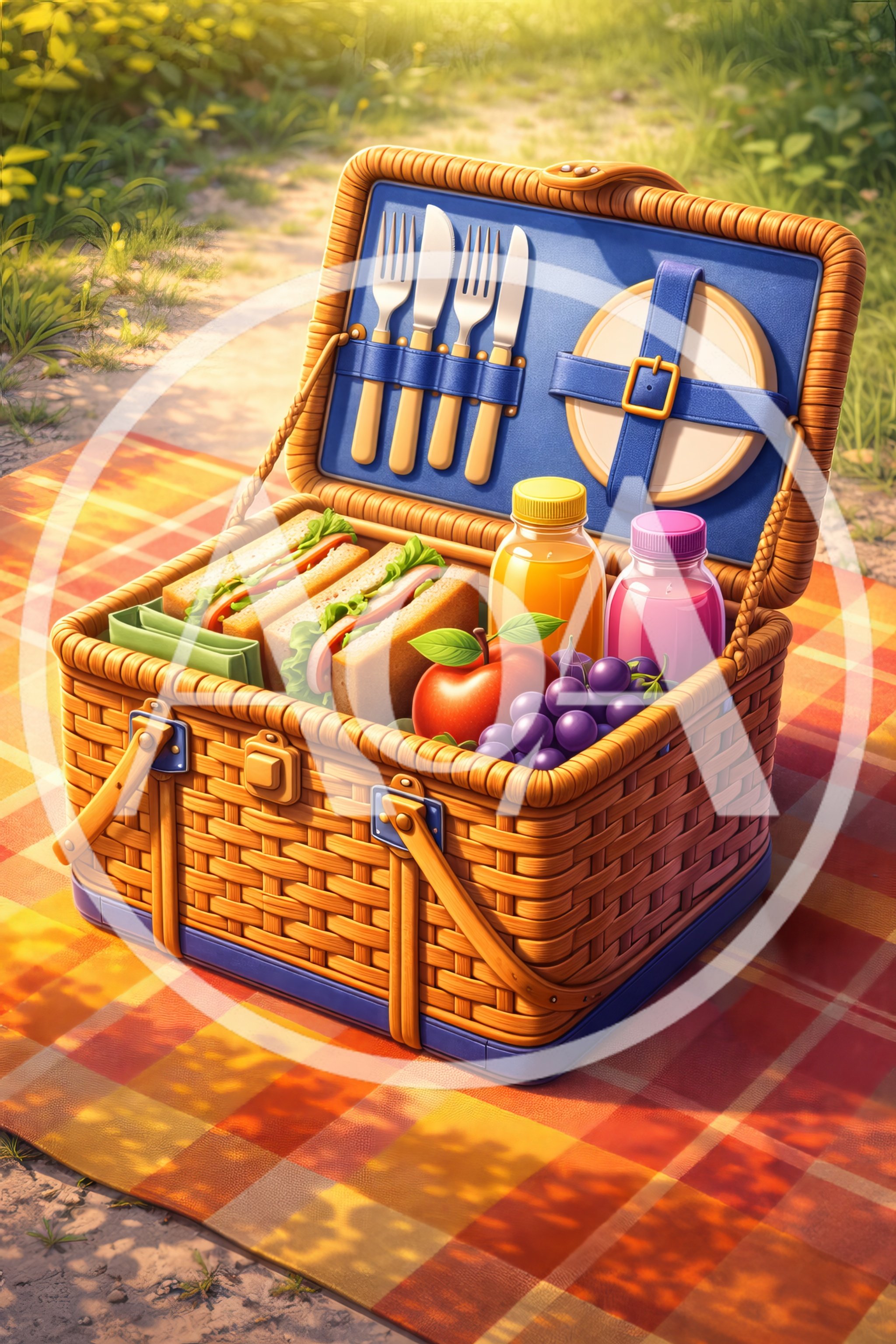 Picnic Basket Filled With Food On A Plaid Blanket