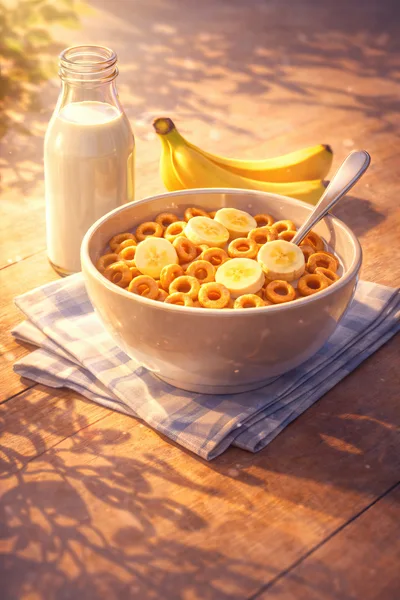 Bowl Of Cereal With Banana Slices And Milk