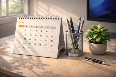 Desk Calendar With May Dates And Office Supplies