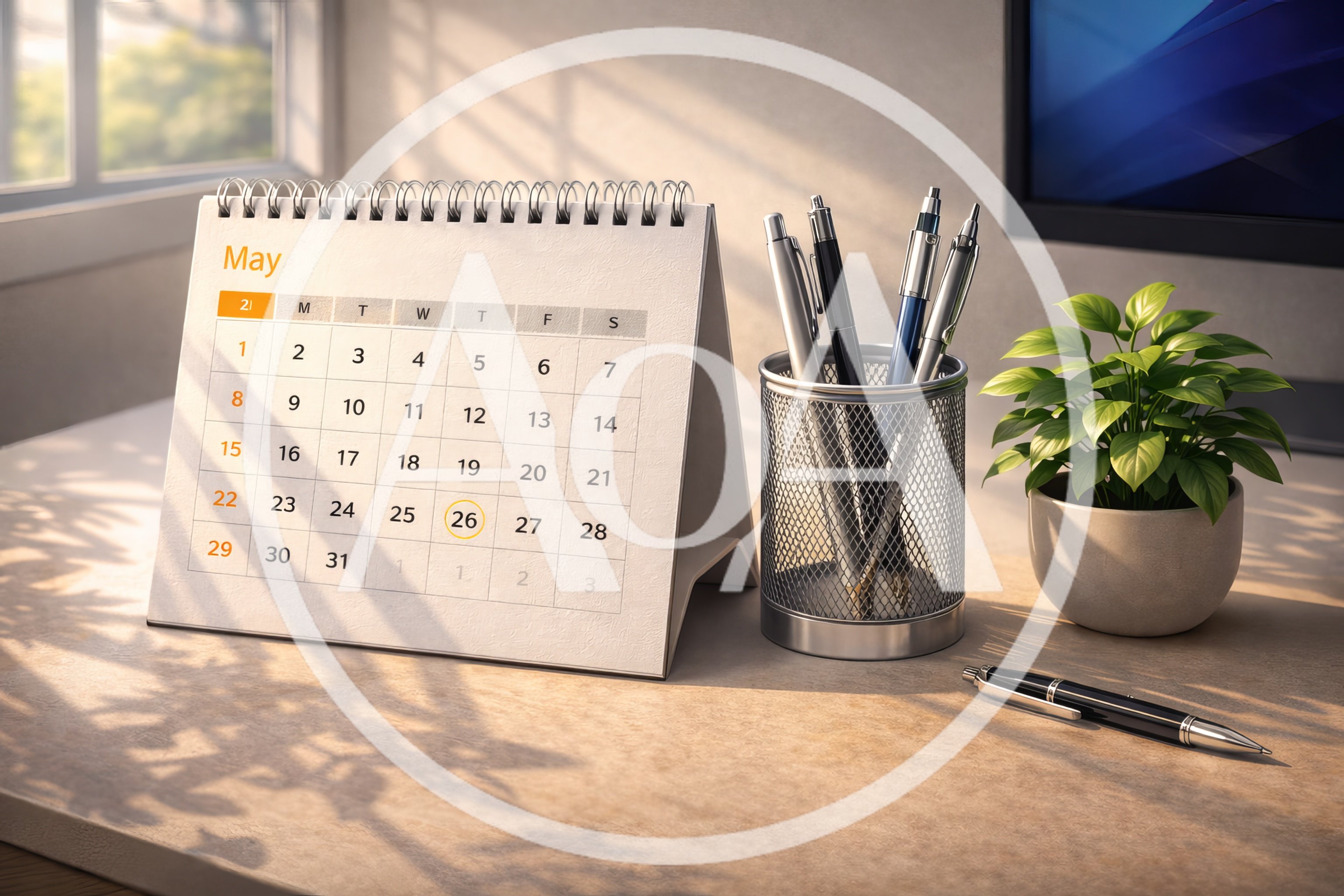 Desk Calendar With May Dates And Office Supplies