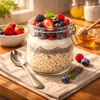 Overnight Oats With Fresh Berries In A Glass Jar