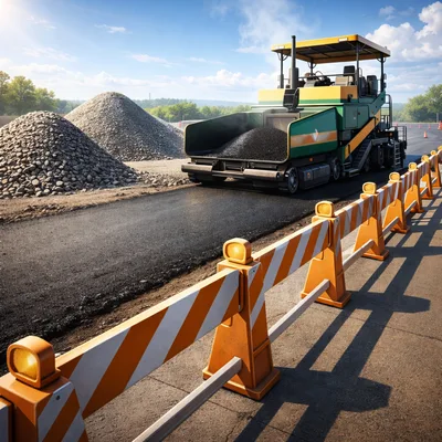 Asphalt Paver Machine Working On Road Construction Site