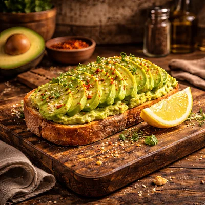 Gourmet Avocado Toast With Lemon On Wooden Board