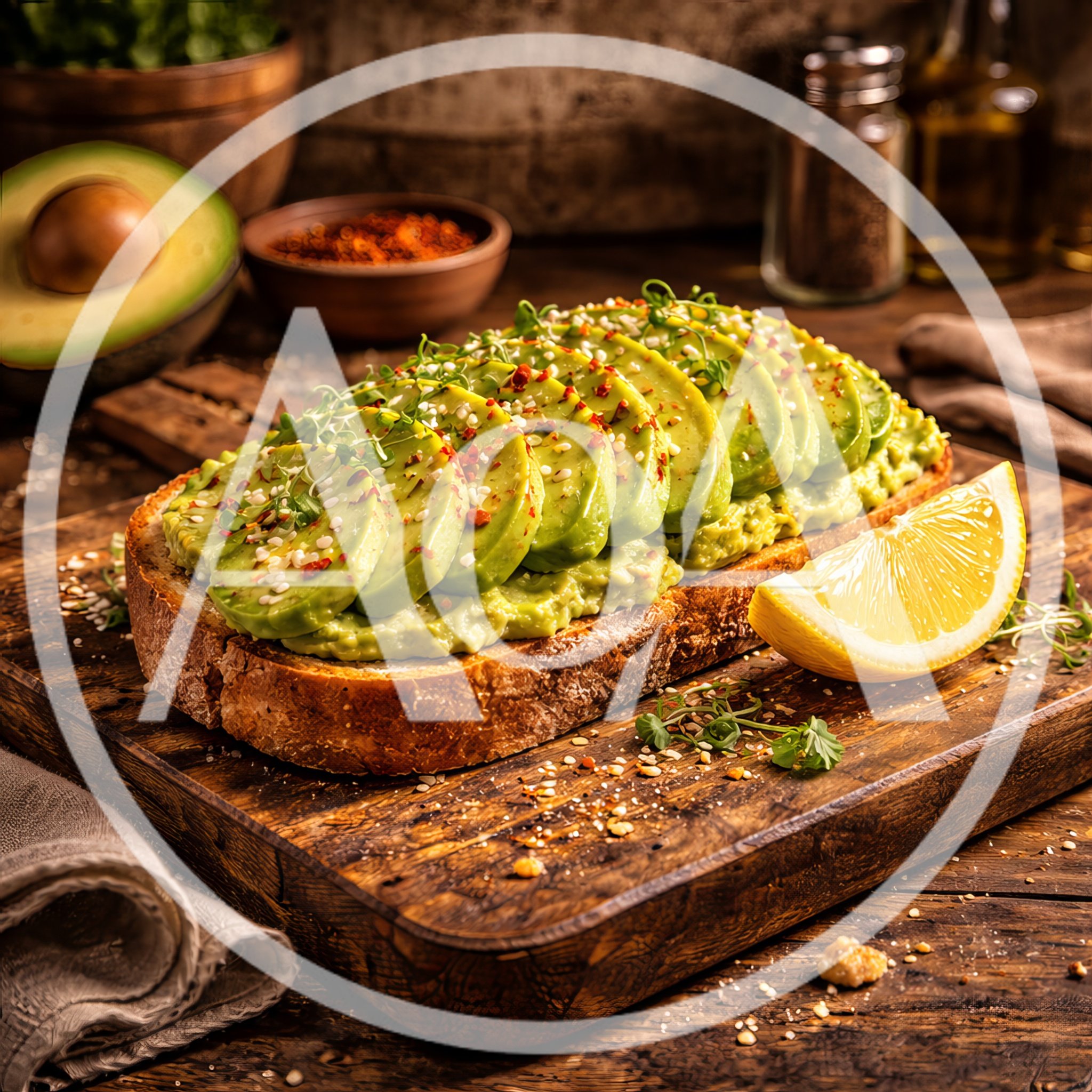 Gourmet Avocado Toast With Lemon On Wooden Board