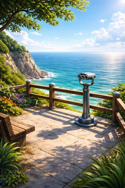 Scenic Coastal Overlook With Binoculars And Wooden Bench