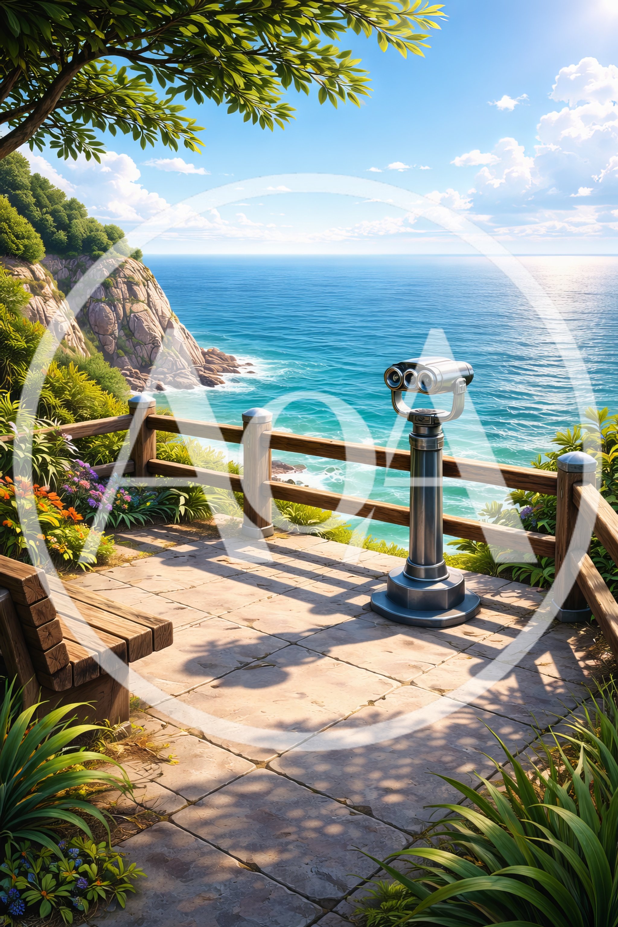 Scenic Coastal Overlook With Binoculars And Wooden Bench