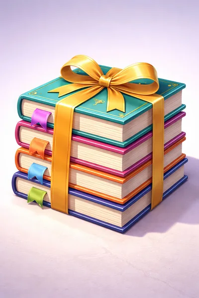 Stack Of Four Colorful Books Tied With Gold Ribbon