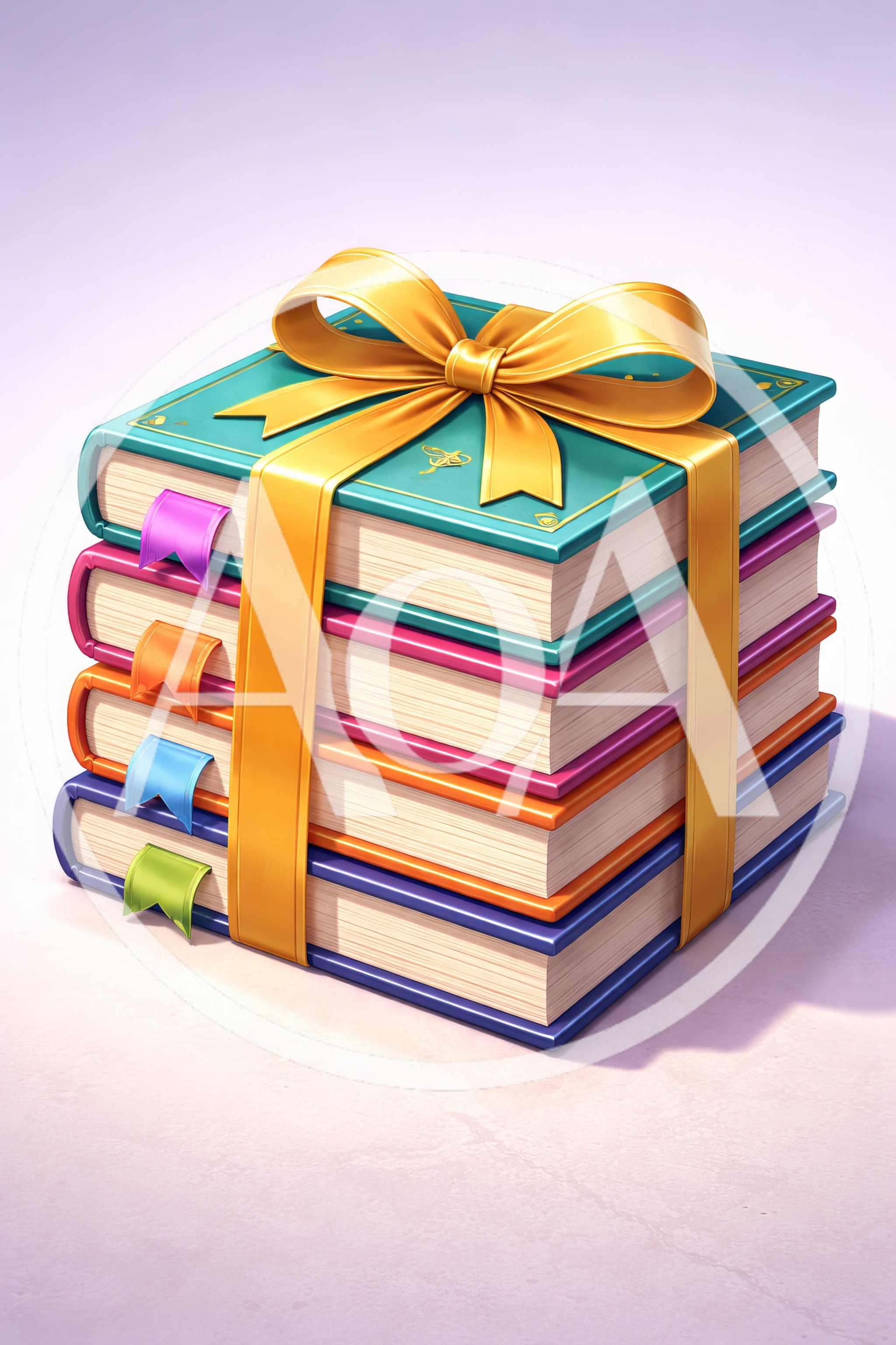 Stack Of Four Colorful Books Tied With Gold Ribbon