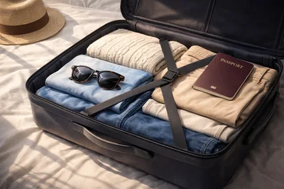 Open Suitcase Packed With Clothing And Travel Essentials