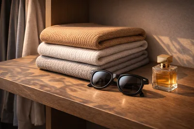 Folded Sweaters Sunglasses And Perfume On Wooden Shelf
