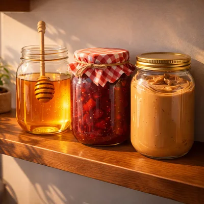 Glass Jars of Honey Jam and Peanut Butter