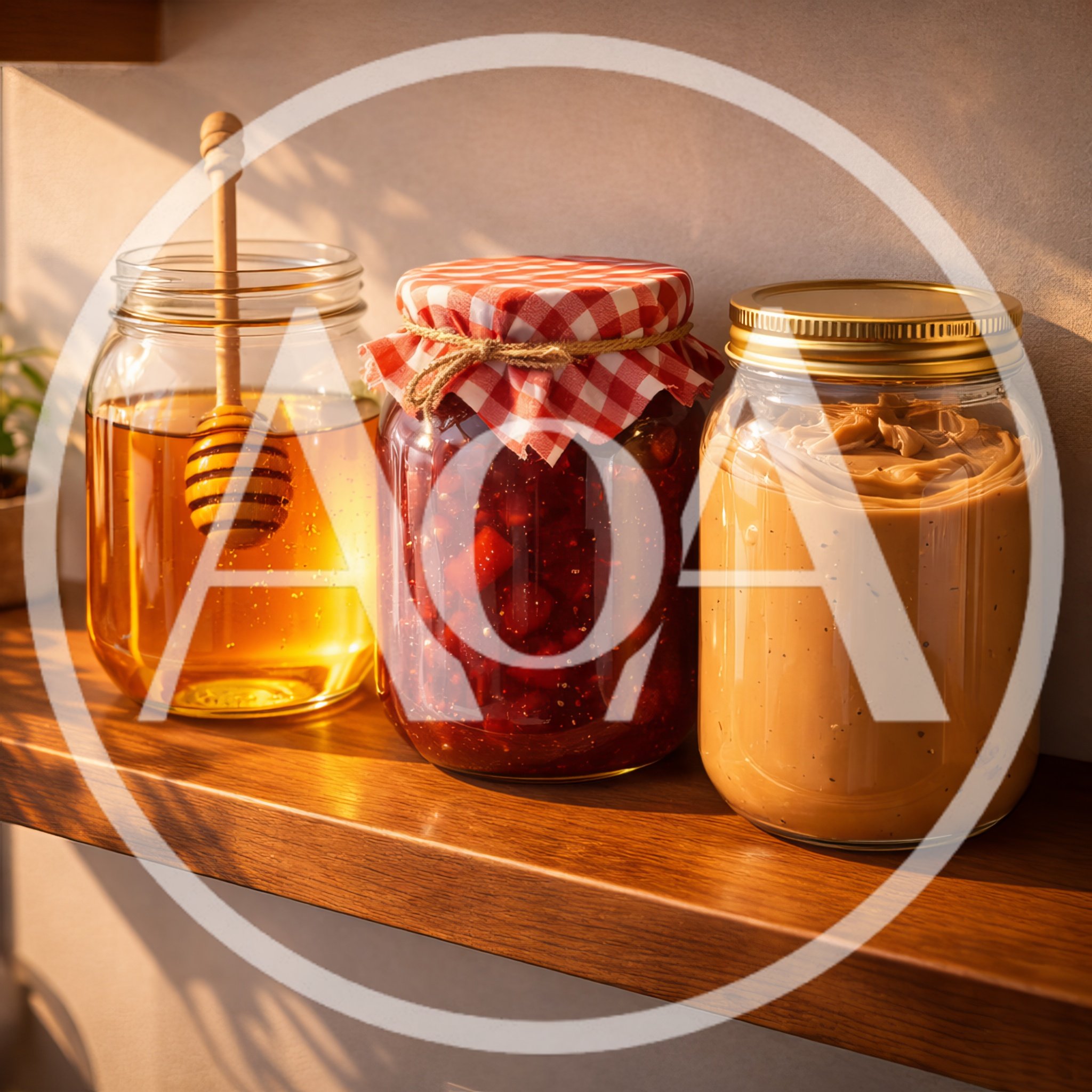 Glass Jars of Honey Jam and Peanut Butter