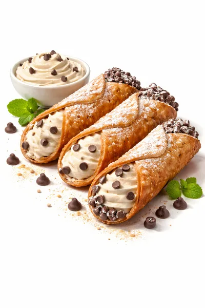 Three Delicious Cannoli Pastries With Chocolate Chips