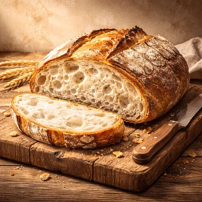 Freshly Baked Sourdough Bread Loaf On Wooden Board