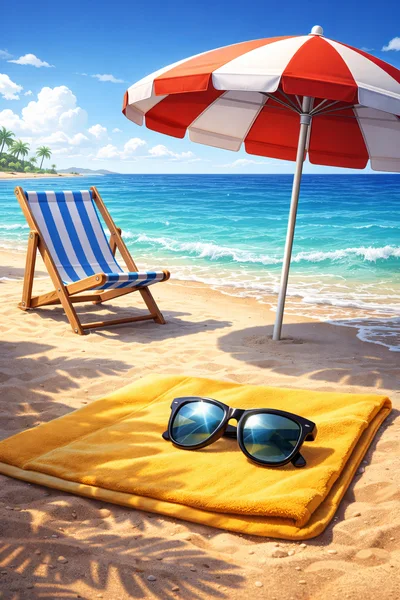 Empty Beach Chair And Sunglasses On A Sunny Day