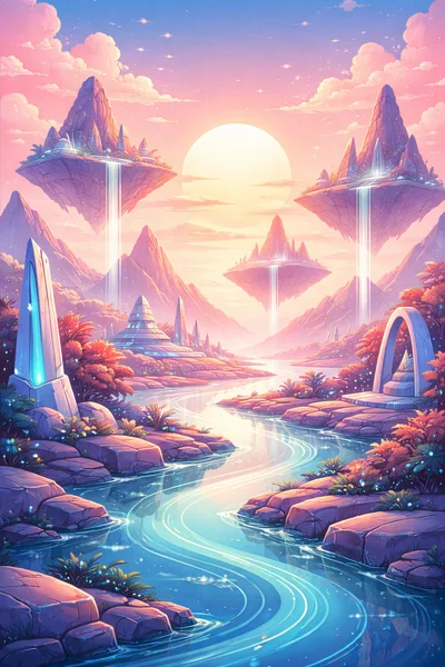Fantasy Landscape With Floating Islands And Glowing River