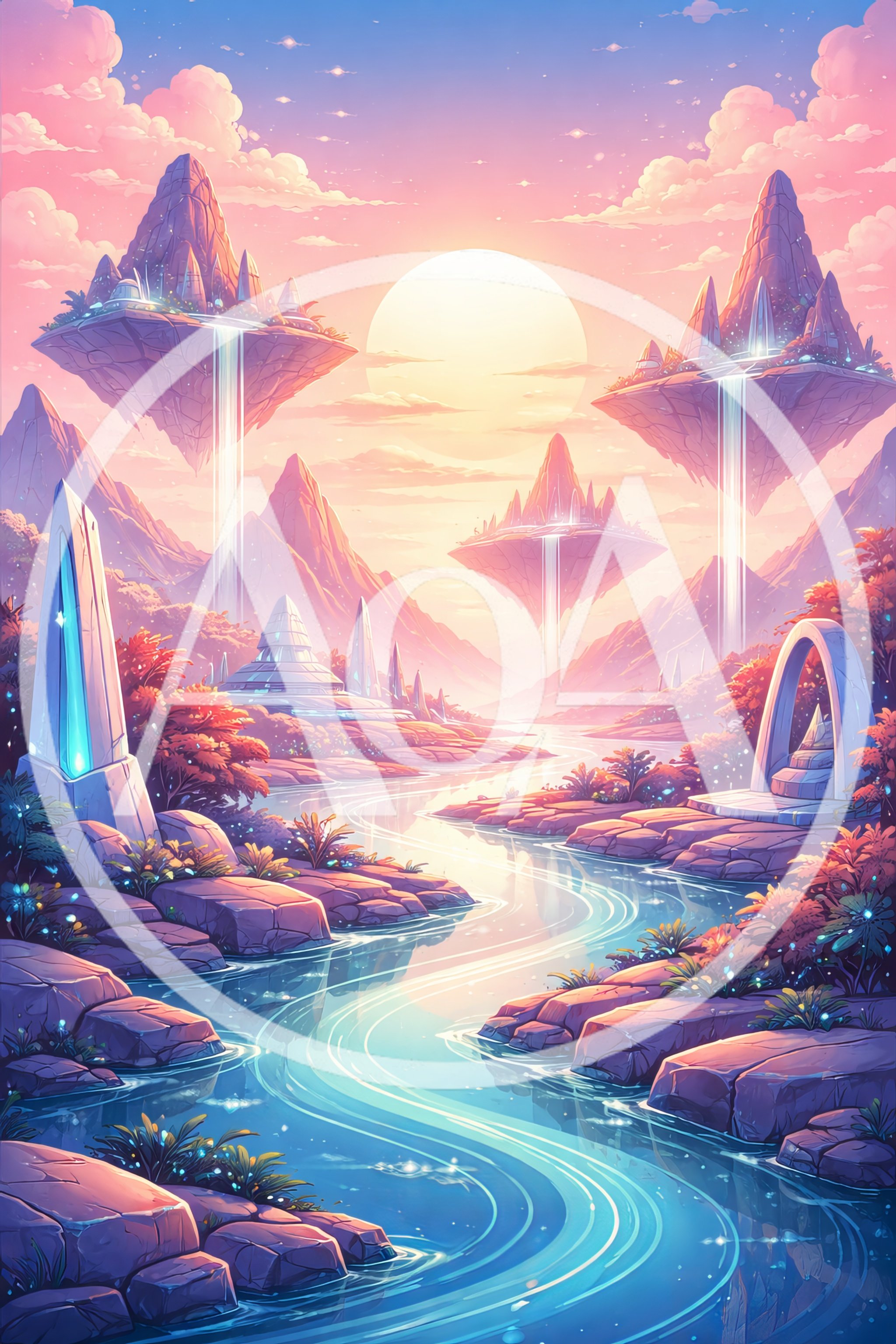 Fantasy Landscape With Floating Islands And Glowing River