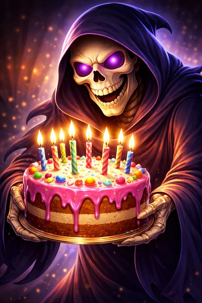 Grim Reaper Holding A Birthday Cake With Lit Candles
