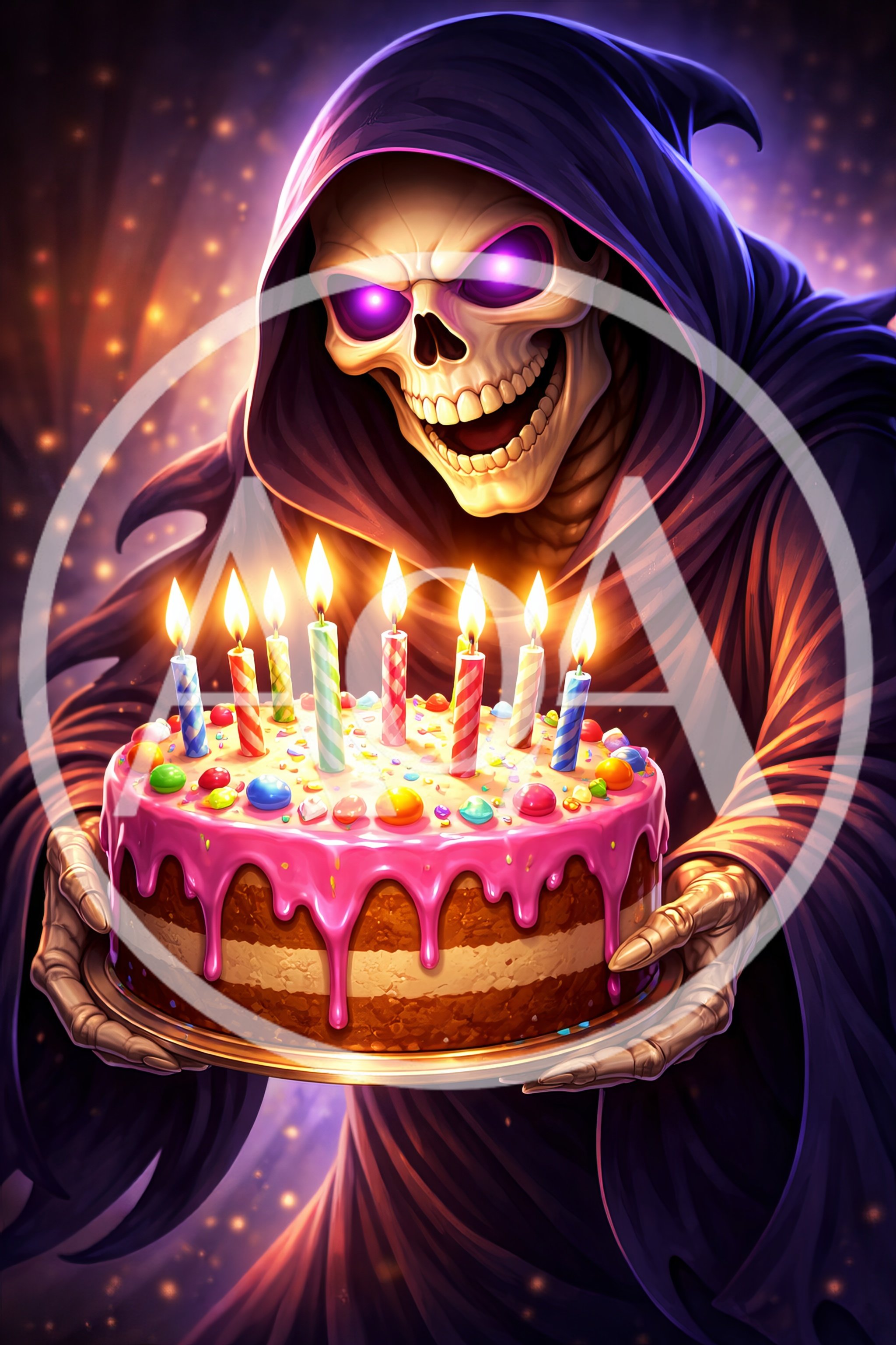 Grim Reaper Holding A Birthday Cake With Lit Candles