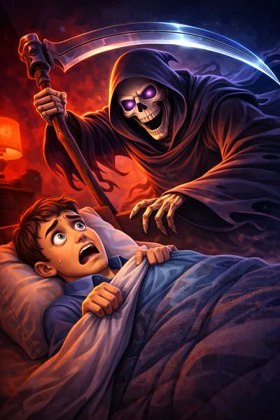 Terrified Boy Encountering Grim Reaper In Bedroom
