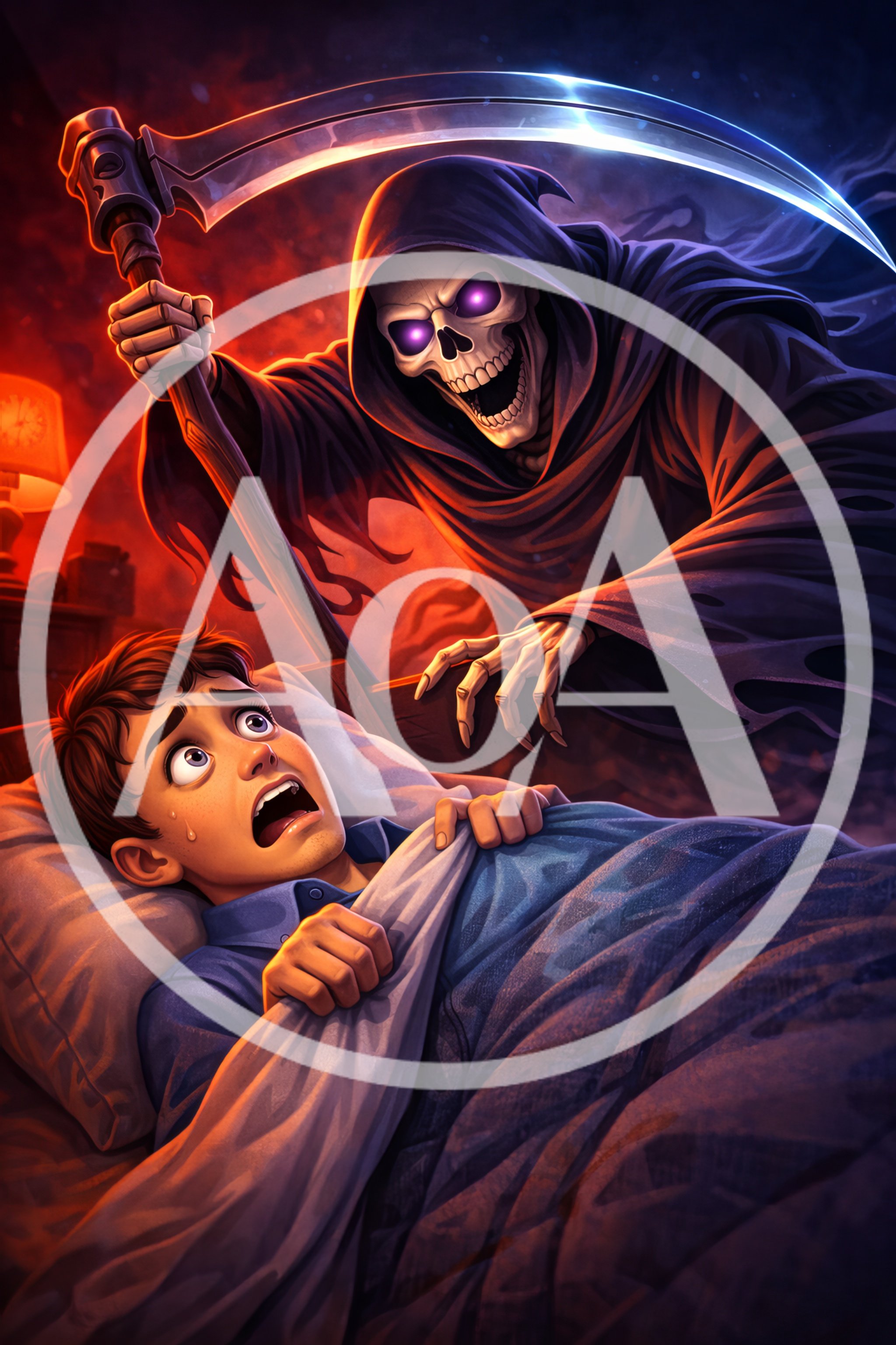 Terrified Boy Encountering Grim Reaper In Bedroom