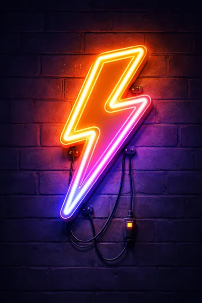 Neon Lightning Bolt Sign On Brick Wall