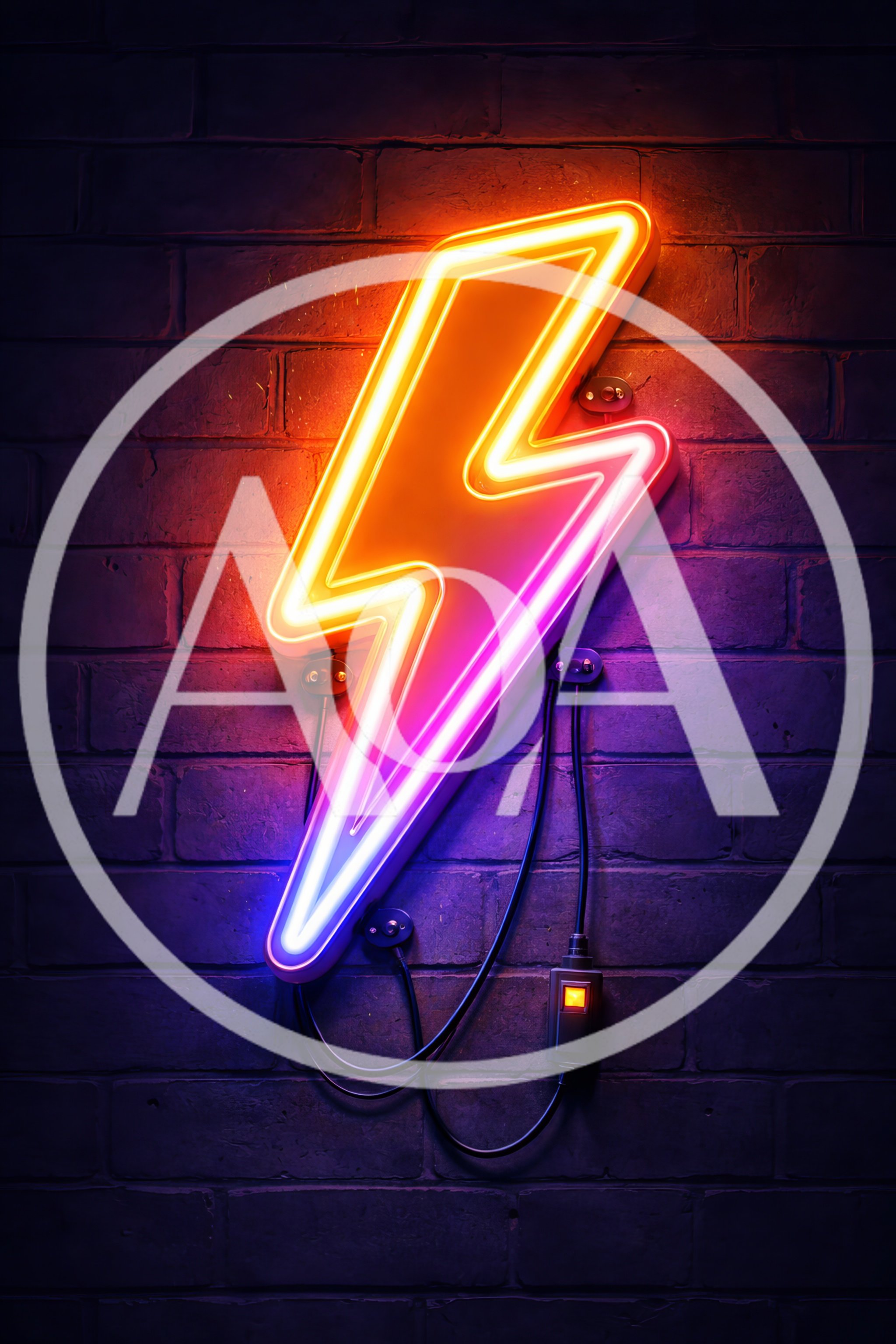 Neon Lightning Bolt Sign On Brick Wall