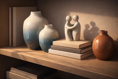 Minimalist Decorative Objects Arranged On A Wooden Shelf