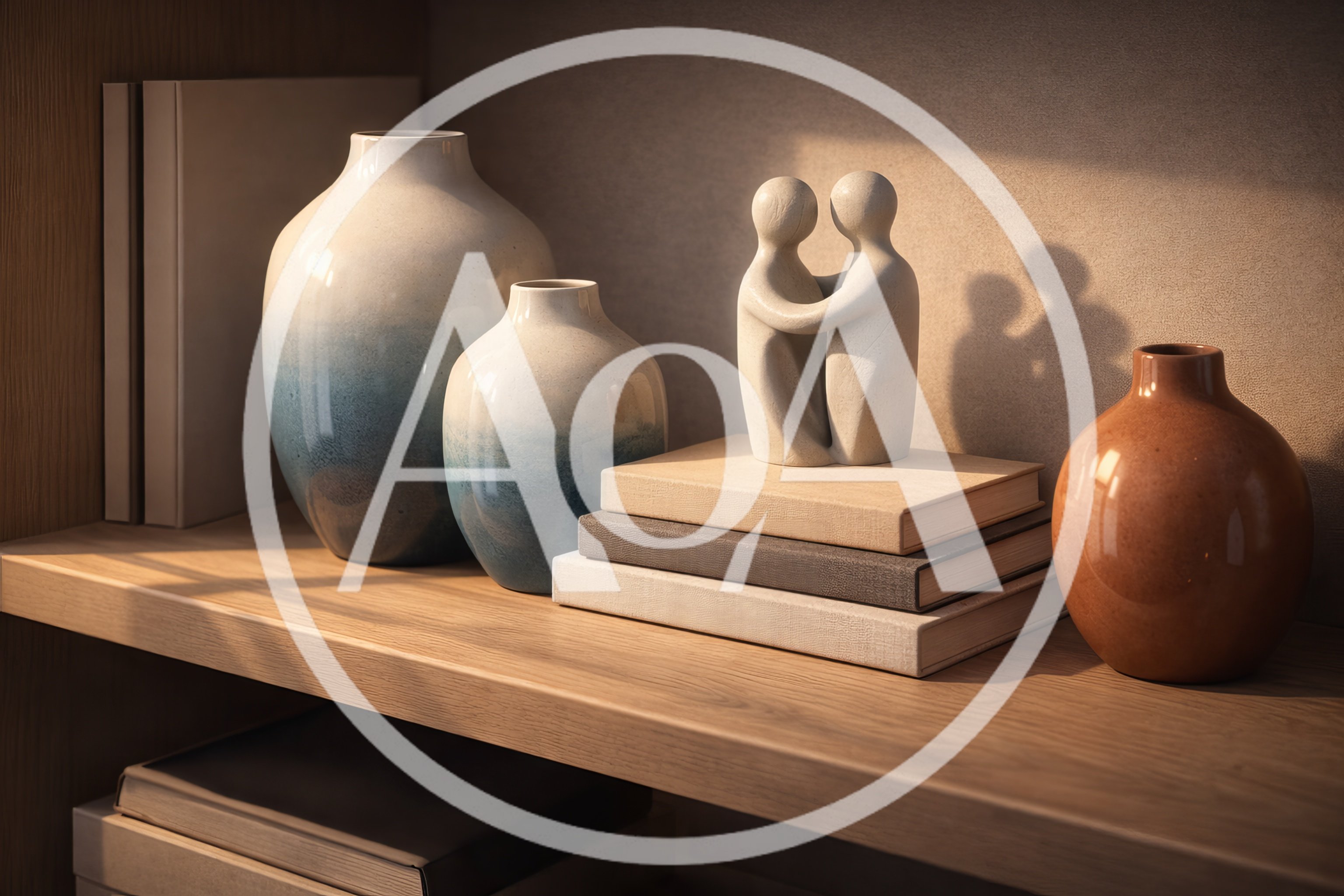 Minimalist Decorative Objects Arranged On A Wooden Shelf